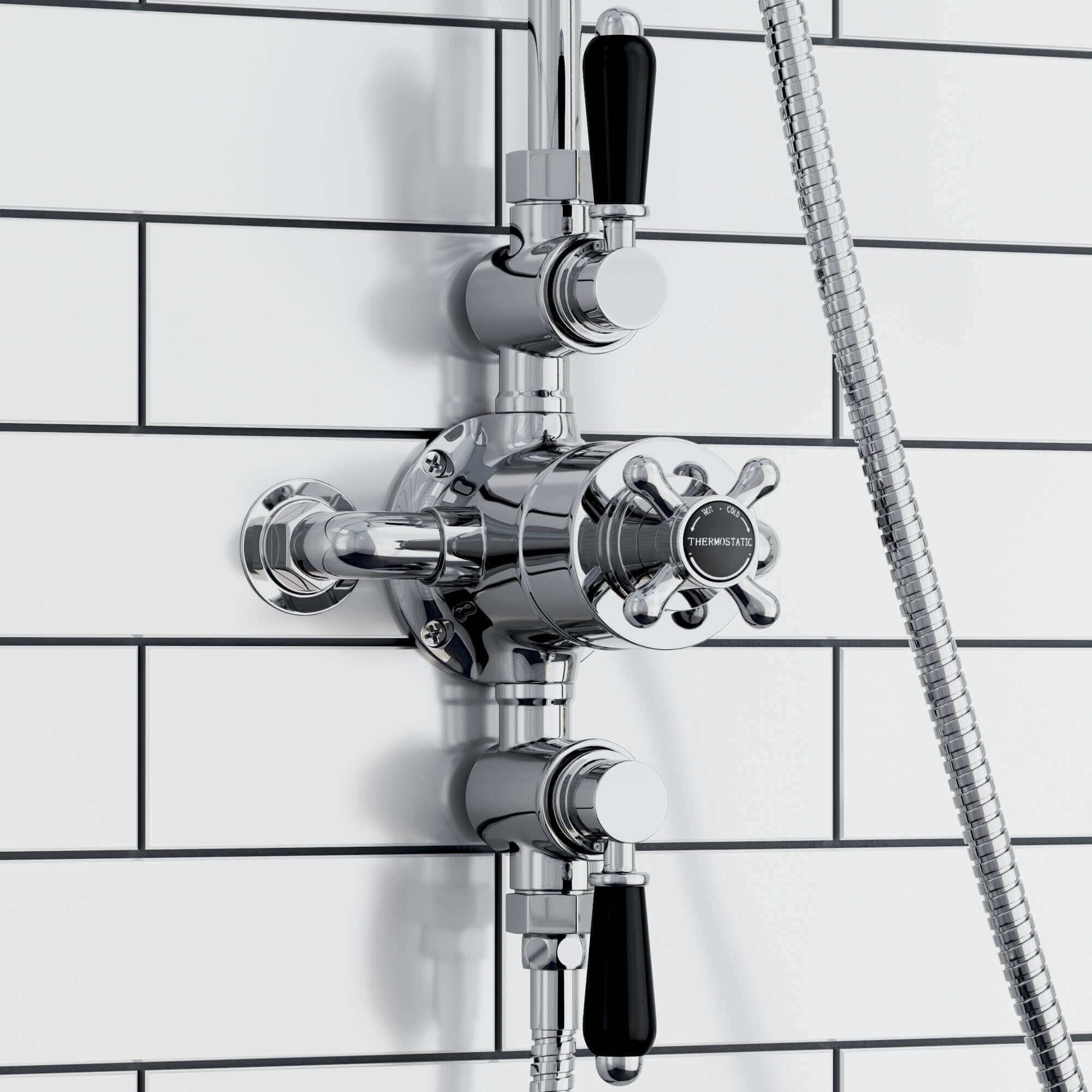 Buy Downton traditional triple thermostatic shower valve two outlet - chrome & black Online UK | HOUSE OF ENKI